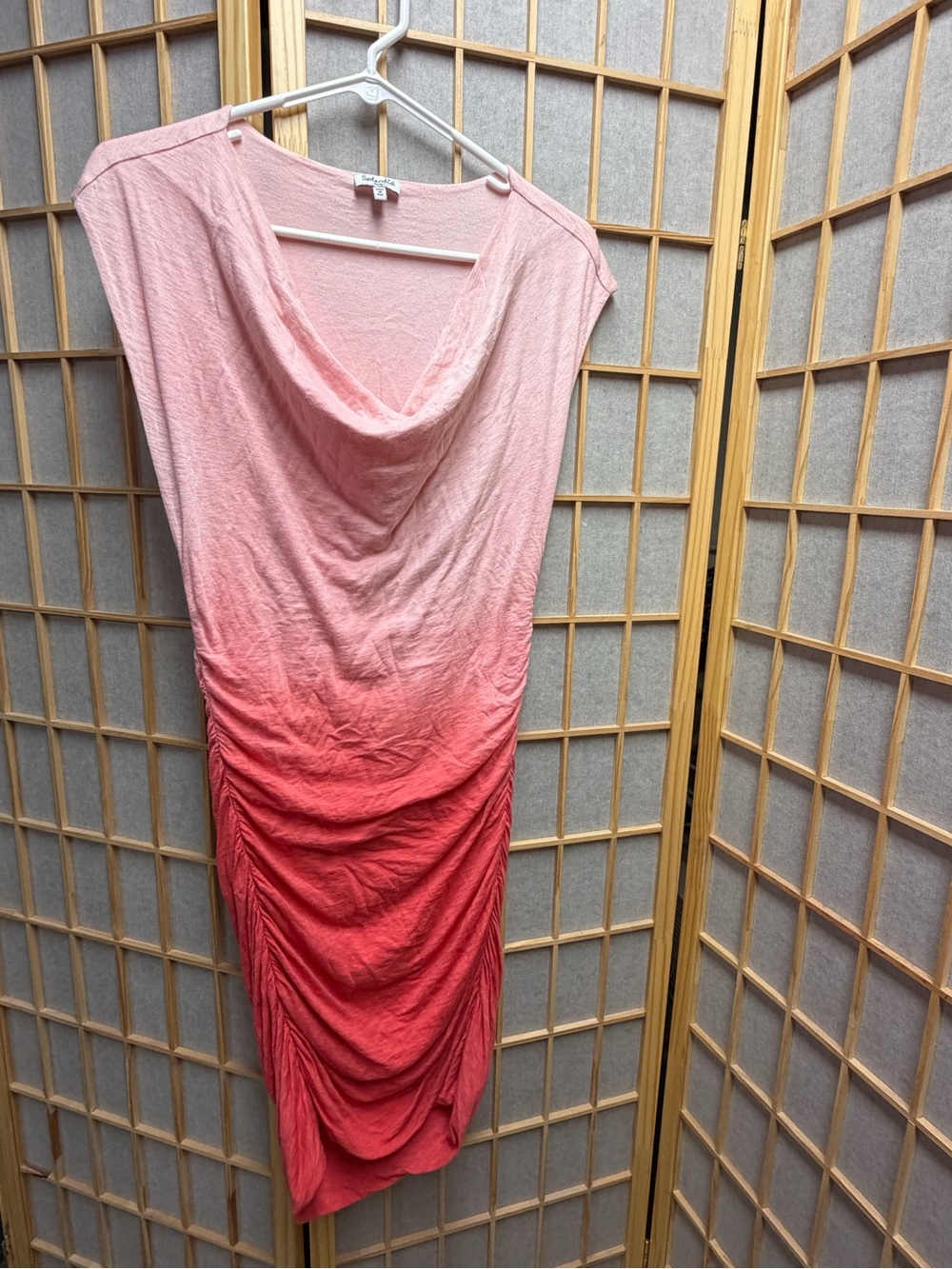 Splendid Pink to Coral Ombre Ruched Cowl Midi Dress